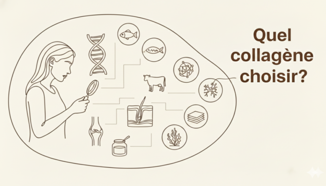 Illustration au trait continu représentant le collagène comme soutien de la peau, des os et des articulations chez la femme