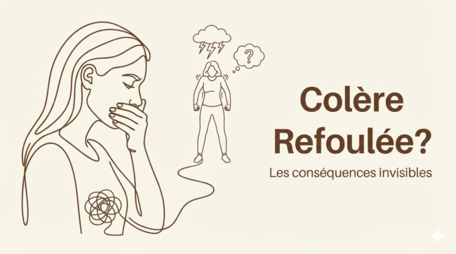 Illustration d’une femme qui refoule sa colère et en subit les conséquences physiques et émotionnelles